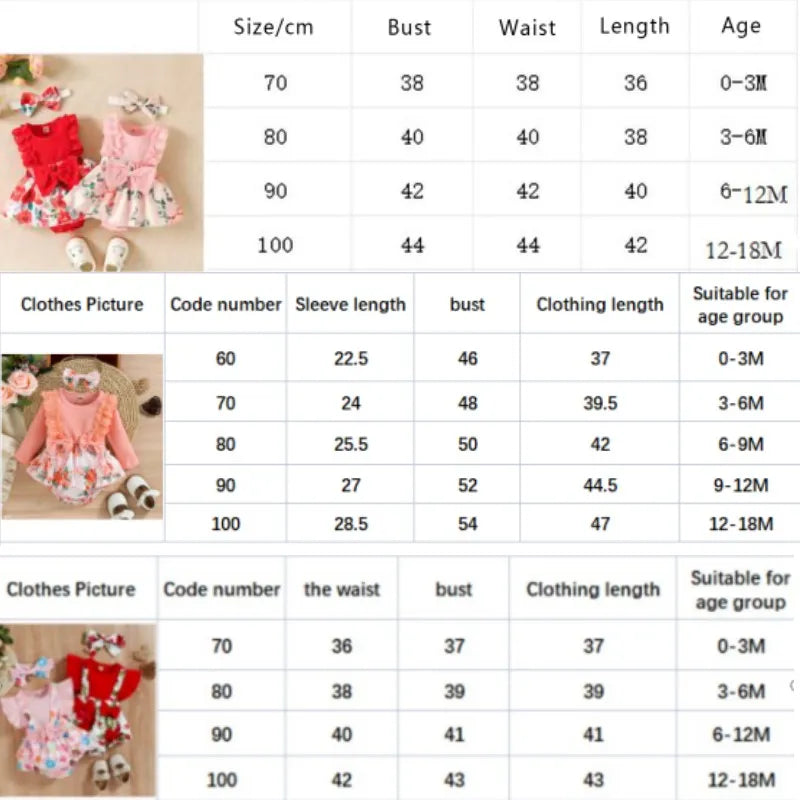 2pcs Infant Baby Girls Romper Dress Patchwork Flower Print Lace Sleeveless/Long Sleeve Crew Neck Front Bowknot Jumpsuit Headband