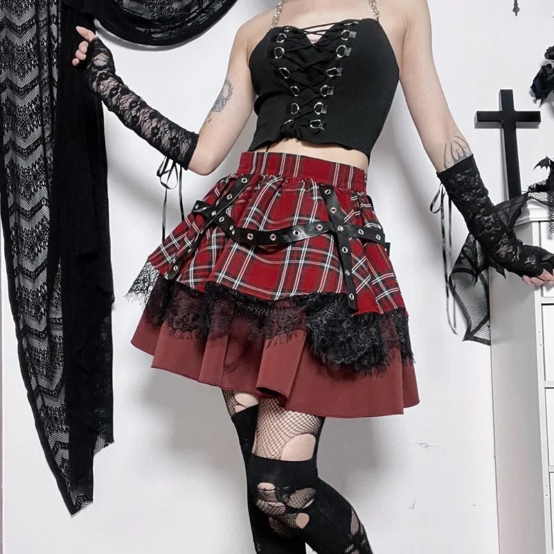 مجموعة اروين arwen&ajh group 2024  Gothic  Girls Plaid Pleated Skirt Punk Sweet Lace Kawaii Clothing  Lolita Cake Mini Skirts Cosplay Costume