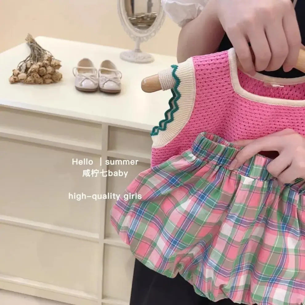 Girl's Children's Clothing Suit Summer Pink Knitted Vest+Plaid Bud Shorts Two-piece Set for Outer Wear Leisure Style Loungewear