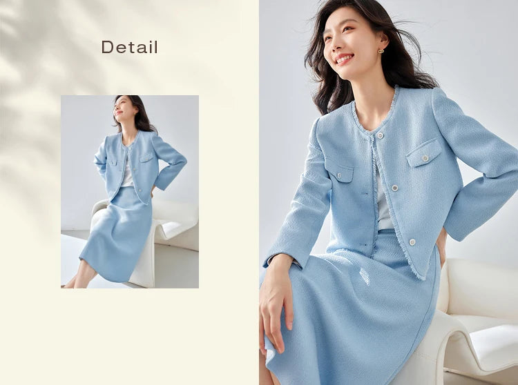 Vimly Elegant Blue Tweed Suit 2 Piece Set for Women Spring Outfits Cropped Jackets Elastic Waist Midi Skirt Matching Sets M3025