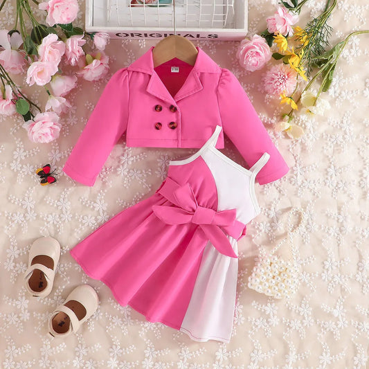 2Pcs/Set For Newborn Baby Girl 6Months -4Years old Long Sleeve Button Coat Suspenders Skirt Princess Dresses For Baby Girl