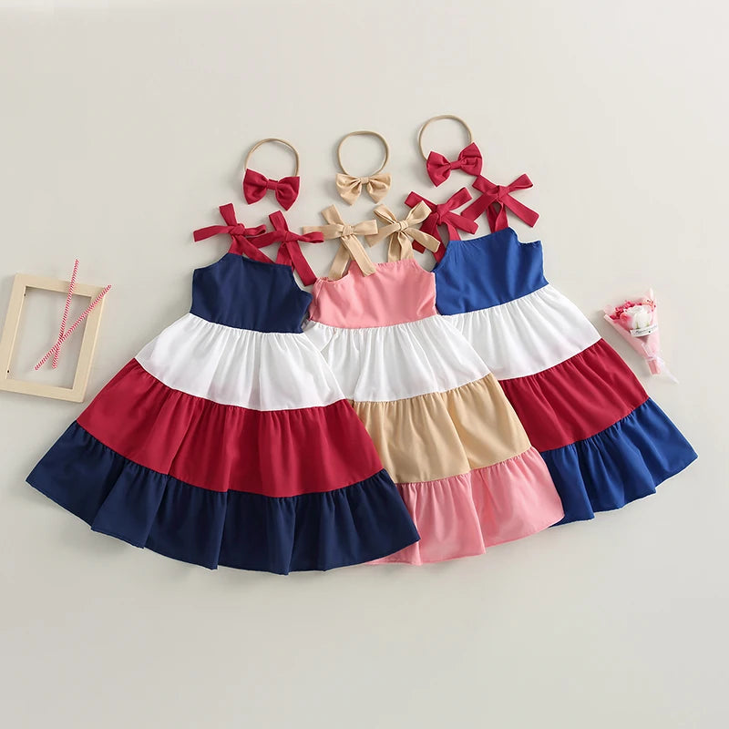 3 Colors Summer Fashion Kids Girls Dress Color Match Tie-Up Shoulder Straps Sling Ruffles Sundress Headband