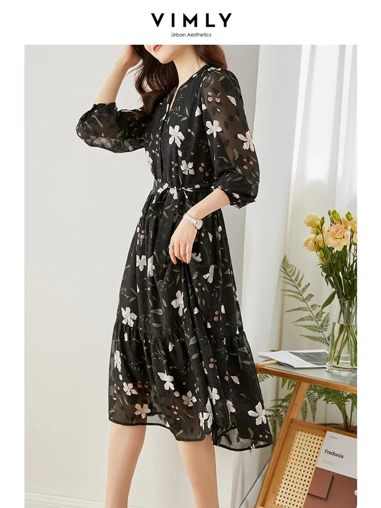 ARWEN & AJH GROUP Chiffon Floral Dress for Women 2024 Spring Vacation Outfit Elegant Vintage Long Sleeve Tie Belt Swing Midi Tiered Dresses