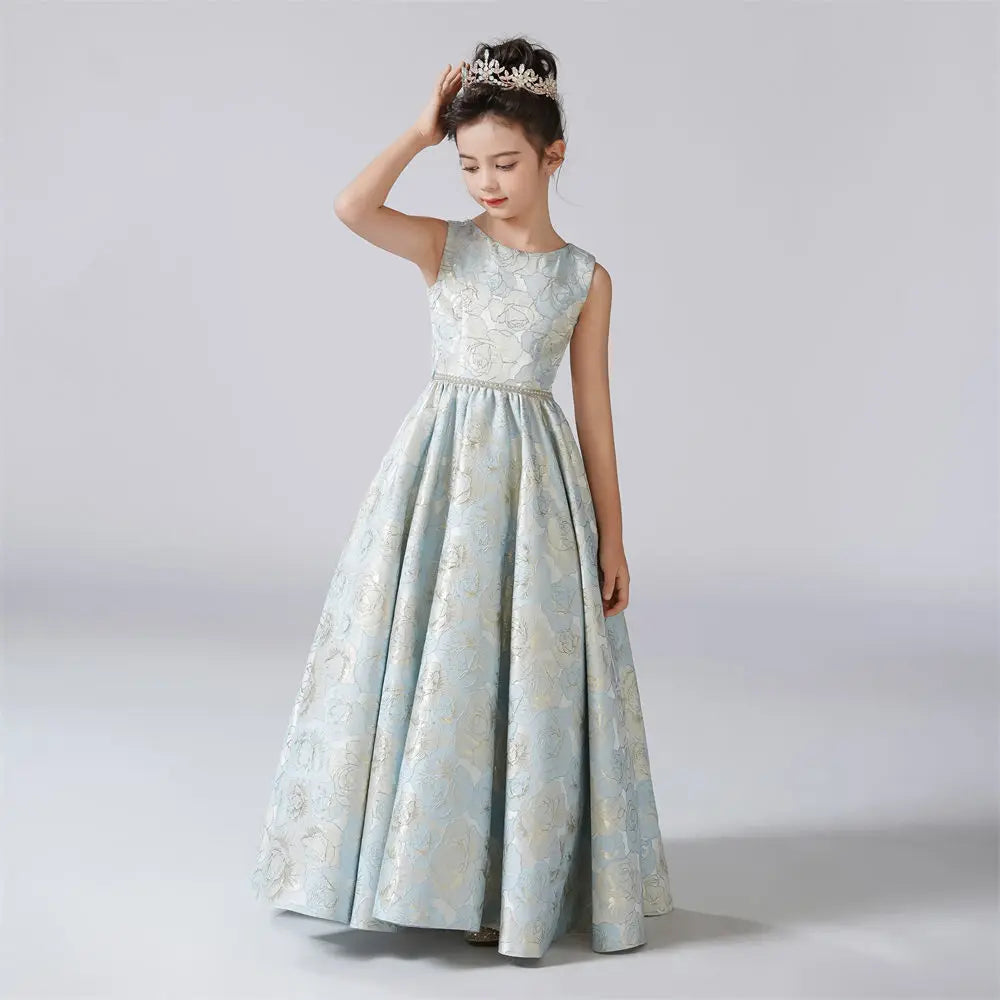 ARWEN & AJH GROUP  O-Neck Dress For Girl A-Line Rose Pattern Flower Girl Dresses Sleeveless Kids Birthday Formal Princess Gowns