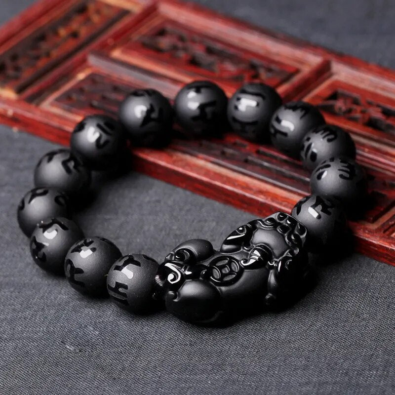 Natural Obsidian Fengshui  Beaded Bracelet Men Women Black  Brave Troops Six-word Mantra Bead Bangle Lucky Amulet Gift