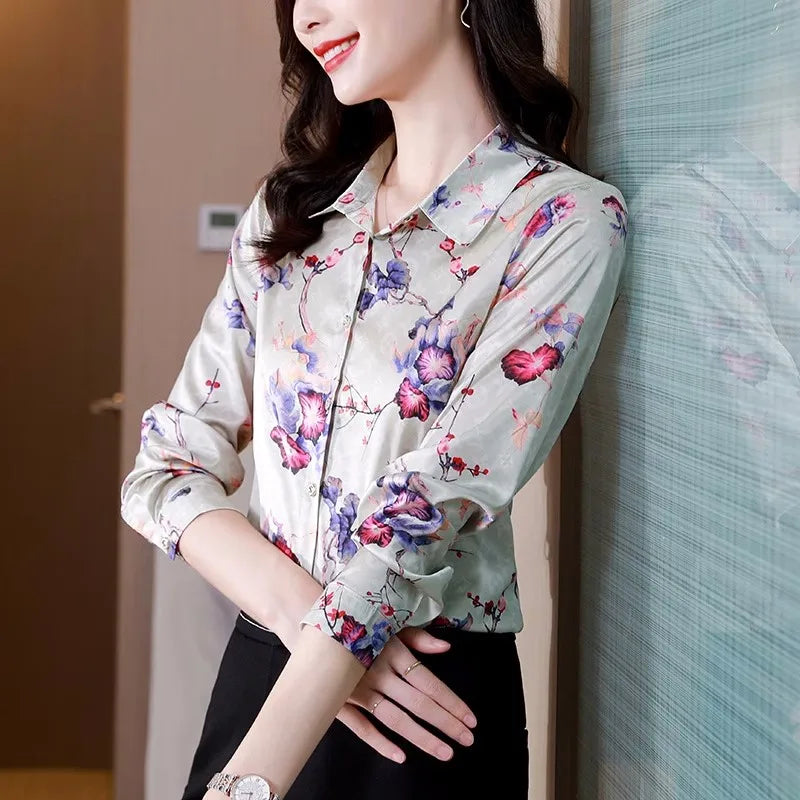 ARWEN & AJH GROUP Chic Printed Casual Office Shirts For Women Long Sleeve Silk Satin Fashion Women Blouses 2024 Elegant Female Tops  ARWEN & AJH GROUP