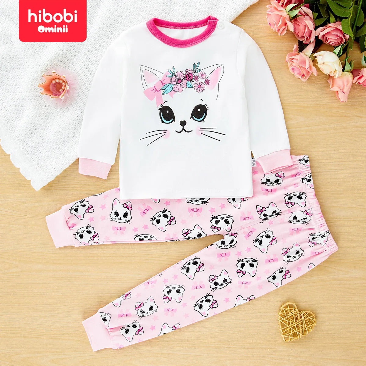 hibobi Spring 2-Piece Cute Cat Girl Round Neck Loungewear Set Comfortable Fashion Pajama Pants Set For Girls Aged 1-6 Years Old