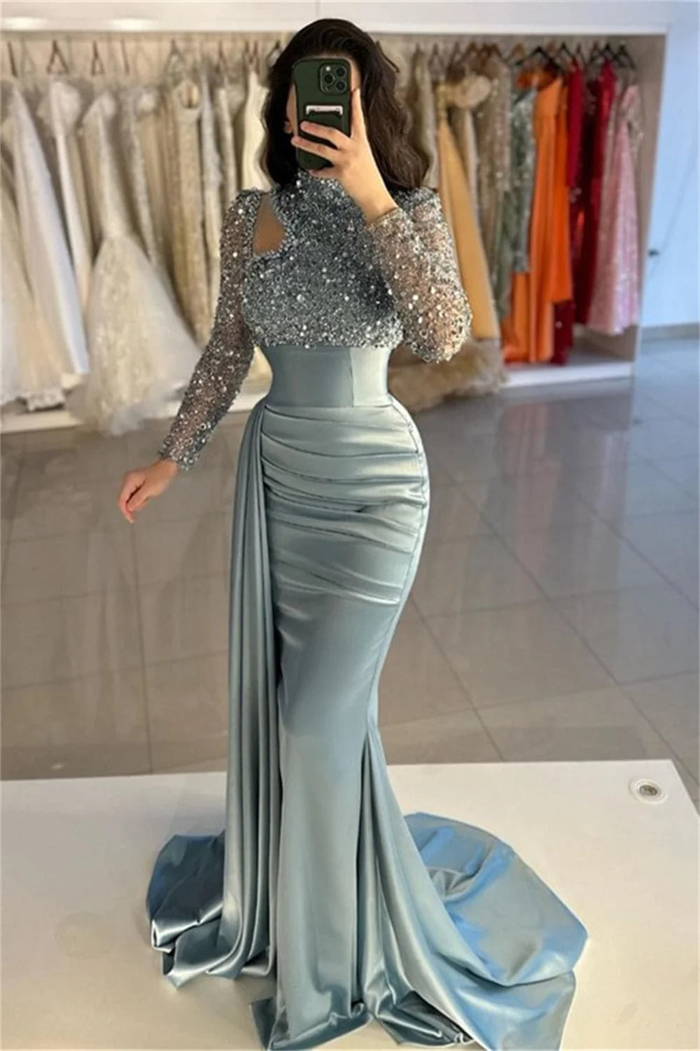 مجموعة اروين التجارية ARWEN & AJH Amanda Glitter Top Party Dresses Mermaid Satin fiesta Elegant Long Sleeves Side Split Sweep Train فساتين سهرة 2024