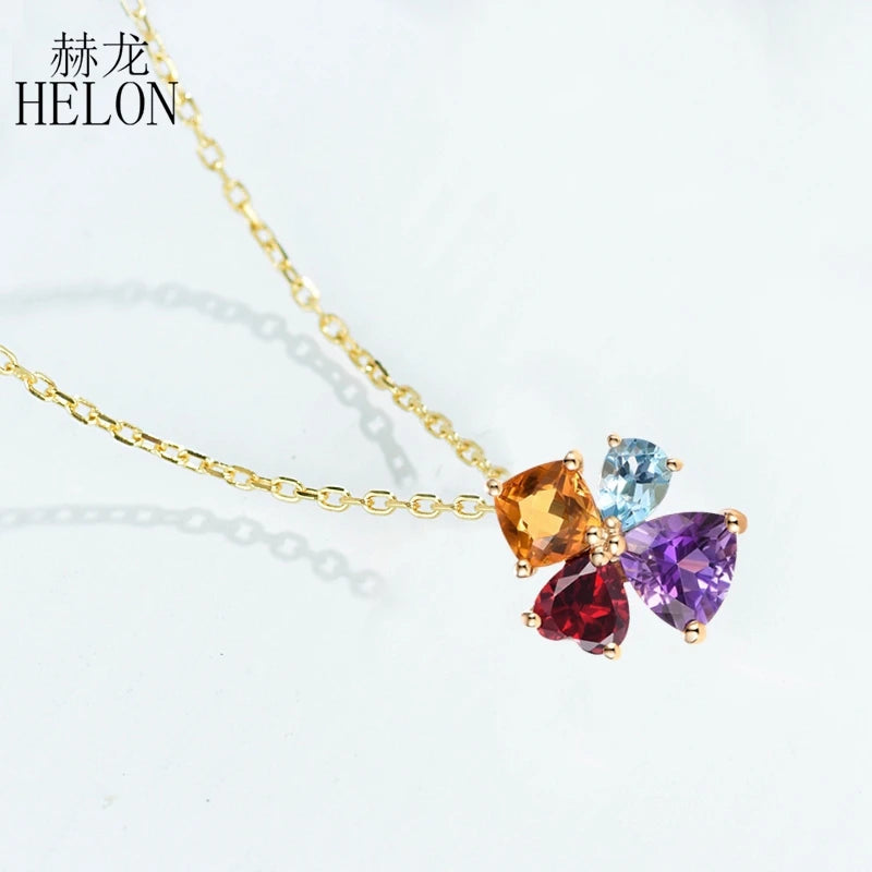 HELON Solid 14K Yellow Gold 100% Genuine Natural Citrine Garnet sky Topaz blue Amethyst Pendant Necklace For Women Fine Jewelry