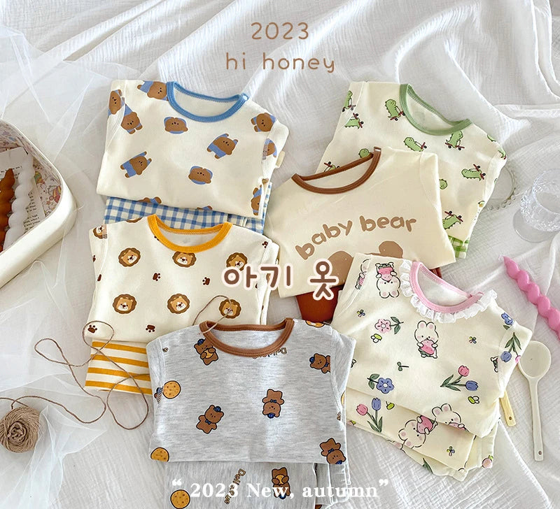 2024 Korean Ins Kids Loungewear Outfit Set Cotton Autumn Pants Boys Girls Pajamas Baby Winter Indoor Clothes 0 To 24 Months