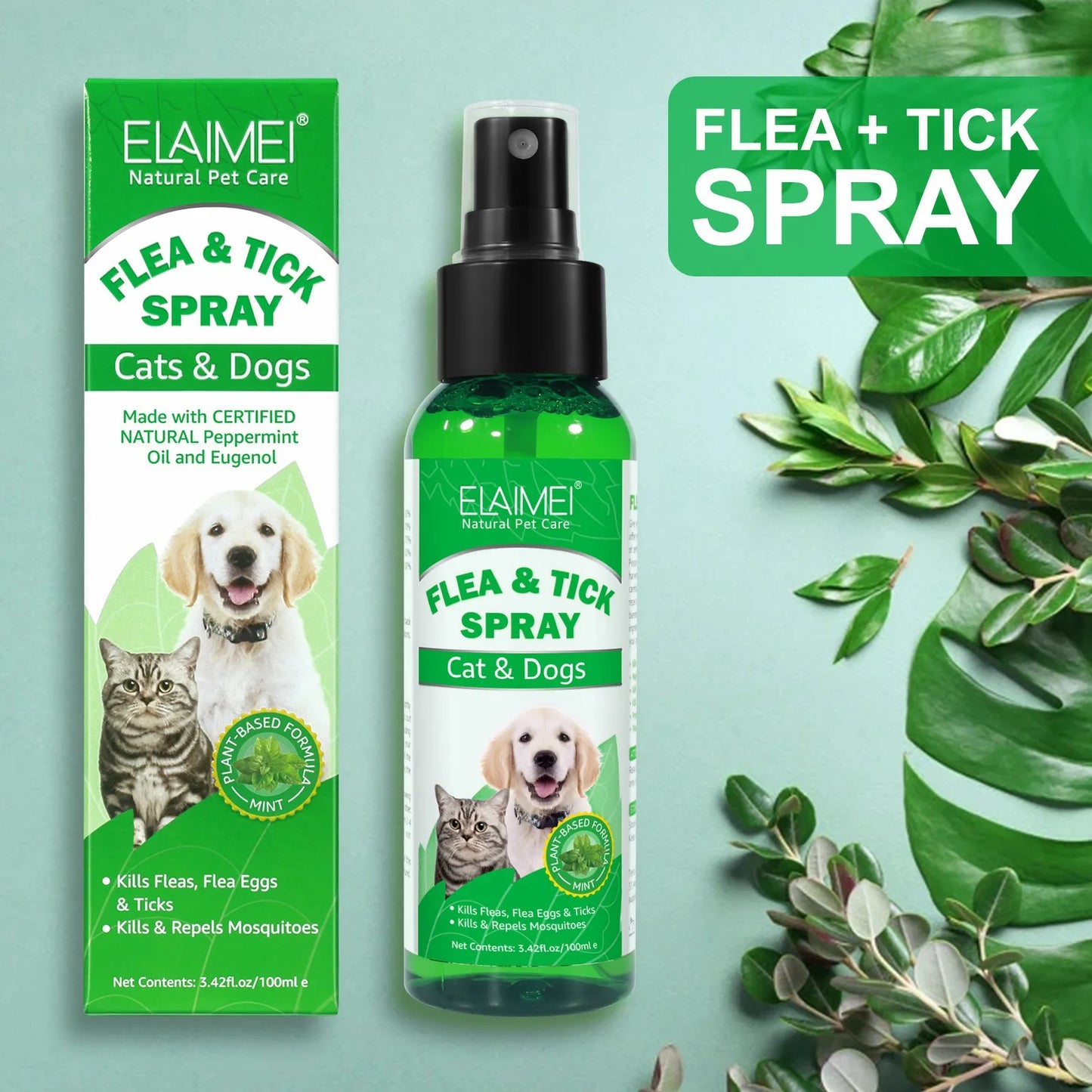 100ml Natural Pet Care Topical Flea&Tick Spray for Dogs&Cats with Fresh Fragrance Peppermint Oil and Eugenol