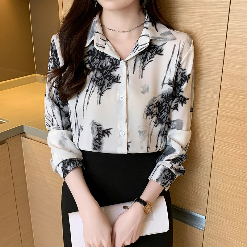 Women Spring Korean Elegant Loose Printing Polo-Neck Long Sleeve Shirts Women Clothes Casual All-match Temperament Trend Tops