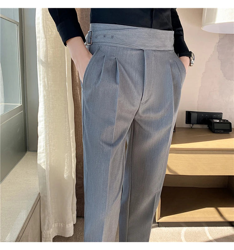 British Style Men High Waist Casual Dress Pant Men Belt Design Slim Trousers Formal Office Social Wedding Party Dress Suit Pants