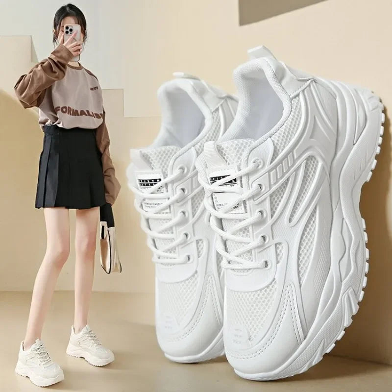 White Sneakers Women 2024 New Leather Chunky Sneakers Women's Sports Shoes Thick Tennis Vulcanized Shoes Basket Platform Shoes