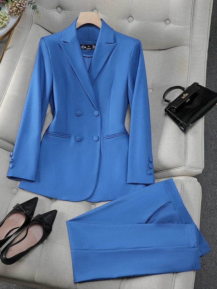 Fashion Office Ladies Formal Pant Suit Set Women Blue Pink Yellow Female Business Work Wear 2 Piece Blazer Jacket And Trouser