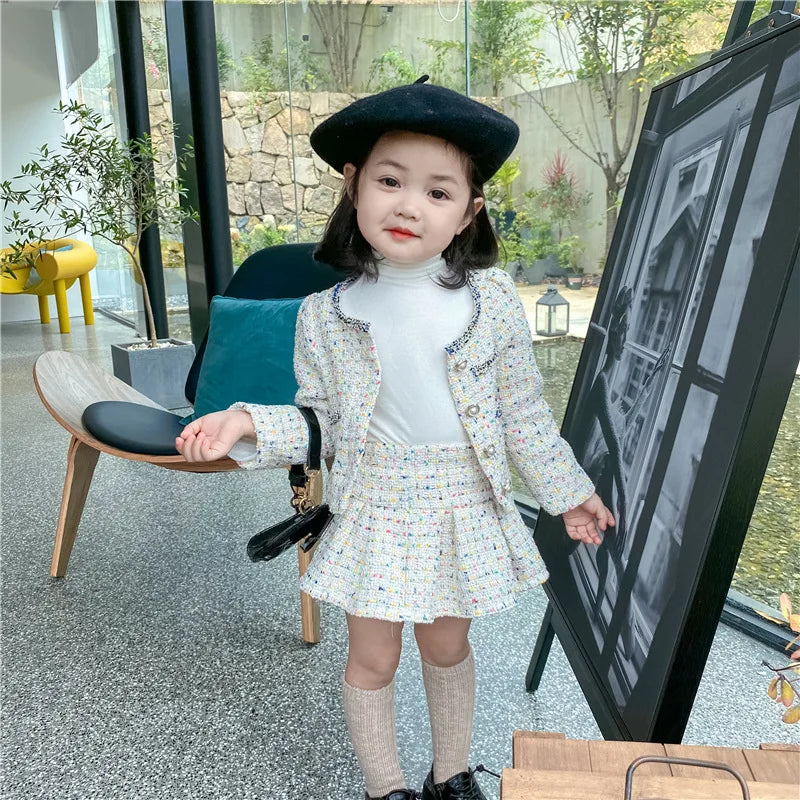 3308E Girls' Clothing Set Sweet Suit 2022 Autumn New Little Fragrant Wind Girl Two Piece Suit Knitted Coat+ Pleated Skirt