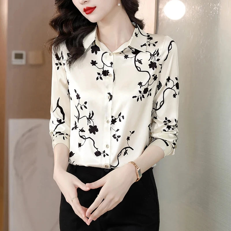 ARWEN & AJH GROUP Chic Printed Casual Office Shirts For Women Long Sleeve Silk Satin Fashion Women Blouses 2024 Elegant Female Tops  ARWEN & AJH GROUP