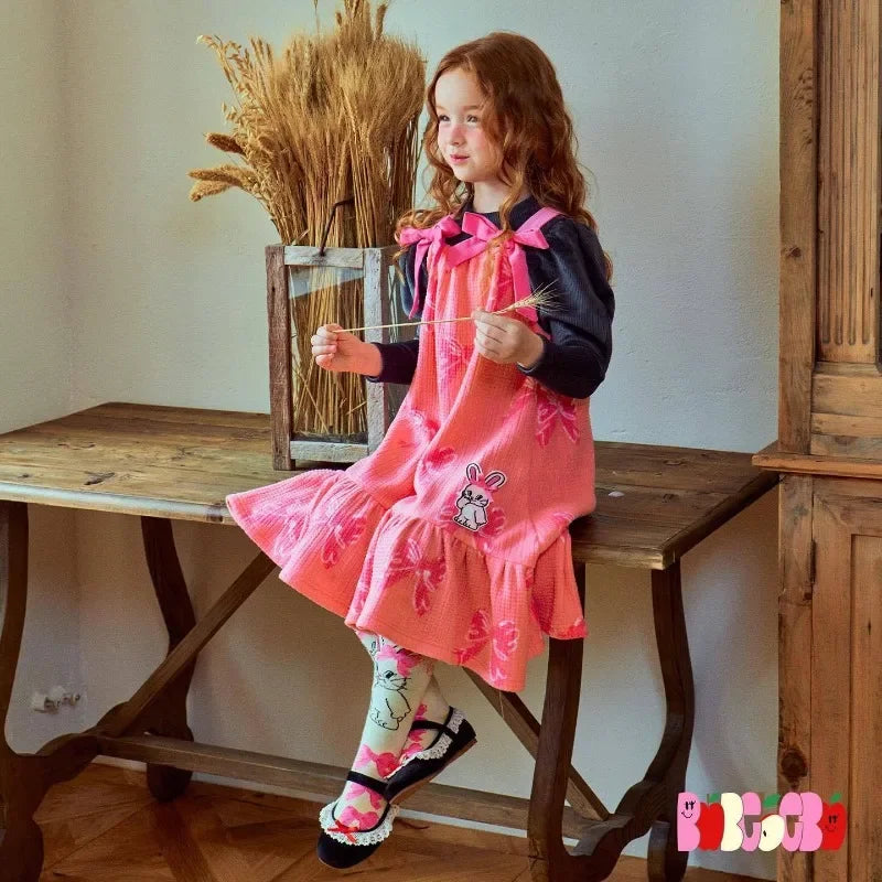 2pcs Autumn Winter Girls' Strap Dress tops Set 2024 New Casual Cute Bow Girls Party Dresses Princess Dress Children's Clothing