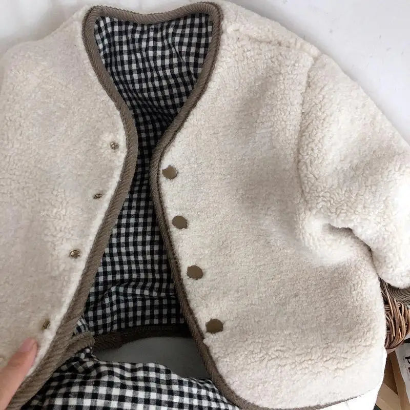 Children's Plaid Plush Coat Autumn and Winter New Warm Coat Children on Both Sides Wear Coat Boy's and Girls' Clothing