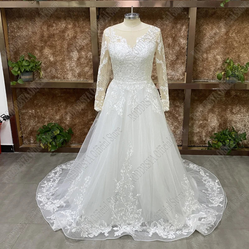 ARWEN &AJH GROUP مجموعة اروين  Elegant O-Neck Wedding Dresses Lace Up A-Line Appliques Long Sleeves Beach Bride Gowns robe فستان عروسه فستان ابيض Plus Size