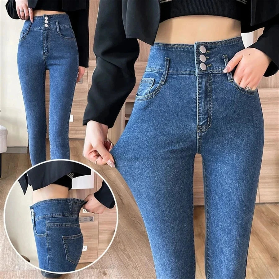 Casual High Waist Skinny Jeans Women Korean Button Pencil Ankle-Length Denim Pants 2024 Spring Stretch Cowboy Leggings