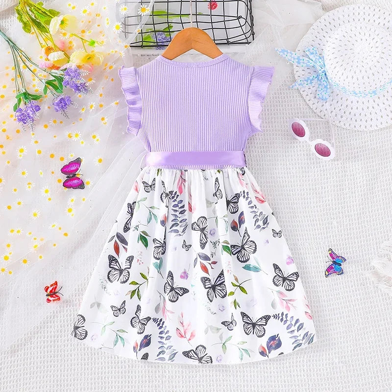 Set For Kids  Girl 3-7 Years old Ruffled Sleeve Butterfly Floral Tulle Cute Princess Formal Dresses with Belt Ootd For Baby Girl