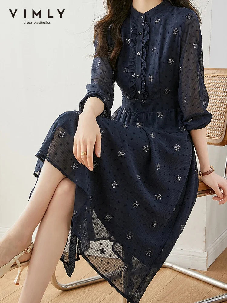 ARWEN & AJH GROUP Embroidery Floral Chiffon Dresses for Women  Spring Autumn Long Sleeve Elastic Elegant Midi Dress Women's Clothing