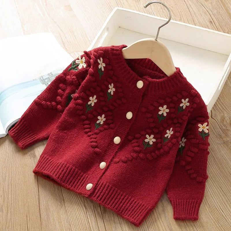 Girls' Autumn Clothes Sweet Flower Children Sweaters Embroidery Knitted Cardigan Warm Kids Outerwear Korean Baby Girl Clothes