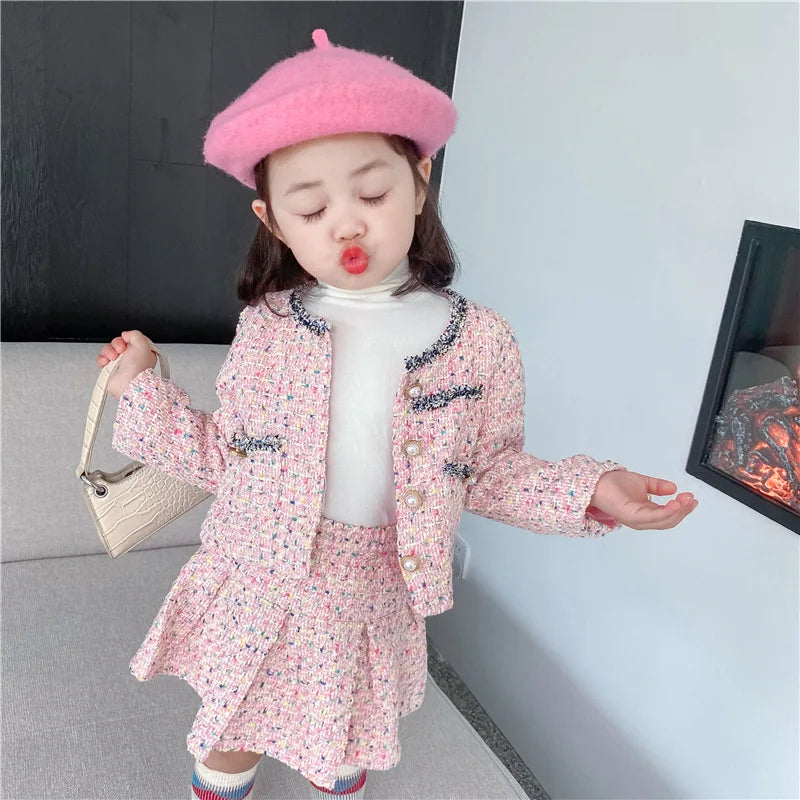 3308E Girls' Clothing Set Sweet Suit 2022 Autumn New Little Fragrant Wind Girl Two Piece Suit Knitted Coat+ Pleated Skirt