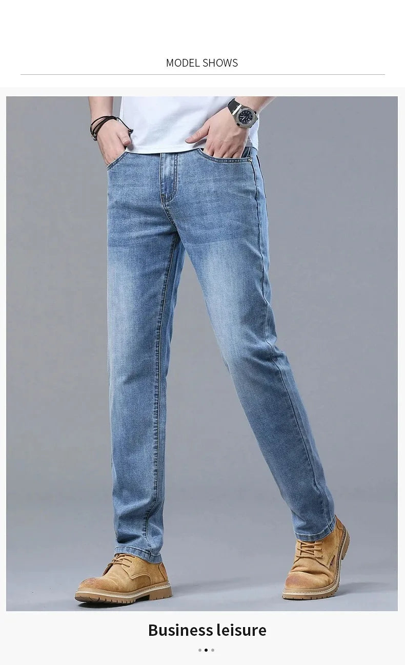 New in Men's Straight Jeans Summer Thin Casual Stretch Fashion Business Casual Denim Pants Straight Classic Male Trousers