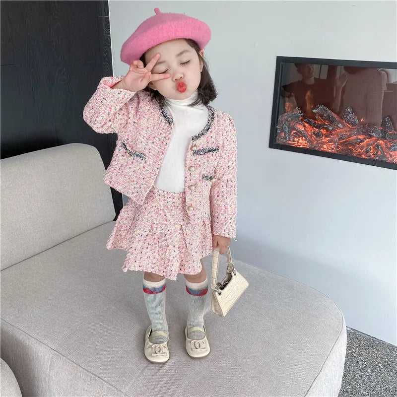 3308E Girls' Clothing Set Sweet Suit 2022 Autumn New Little Fragrant Wind Girl Two Piece Suit Knitted Coat+ Pleated Skirt