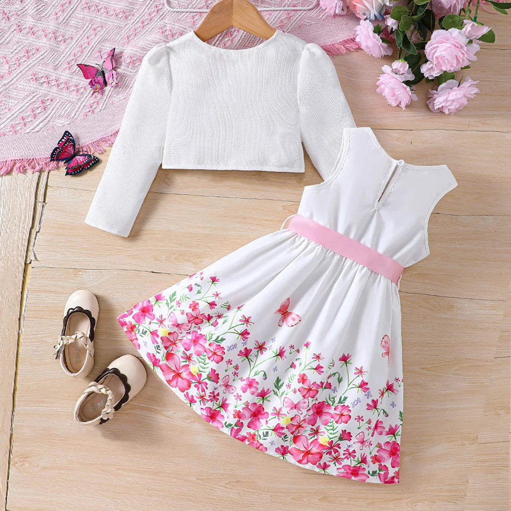 Girls Adorable Long Sleeve Clothes Cardigan & Floral Sundress Set - Soft & Stylish Two-piece Outfit for Daily Summer Adventures