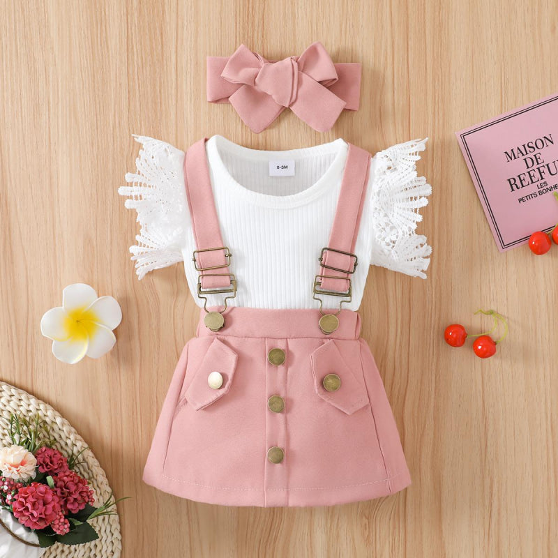 PatPat 3pcs Baby Girl Lace Flutter-sleeve Ribbed Romper and Suspender Skirt with Headband Set