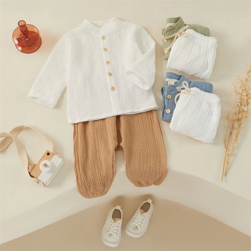 Tregren Kids Boy Cotton Linen Clothes Solid Color Buttons Long Sleeve Shirt Tops Elastic Waist Long Pants 2Pcs Set Fall Outfits