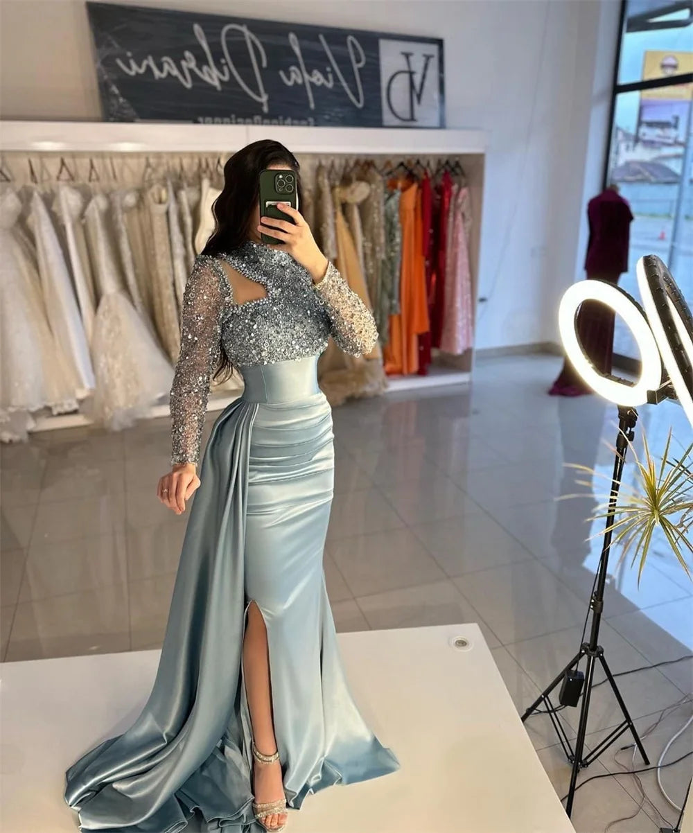 مجموعة اروين التجارية ARWEN & AJH Amanda Glitter Top Party Dresses Mermaid Satin fiesta Elegant Long Sleeves Side Split Sweep Train فساتين سهرة 2024