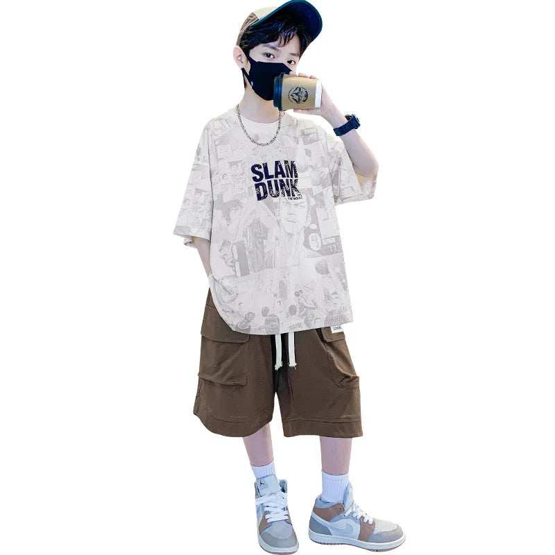 Boys Summer Suit 2024 New Short-sleeved Top + Shorts Sports and Leisure Clothing Set Loungewear Outfit Children's Clothes