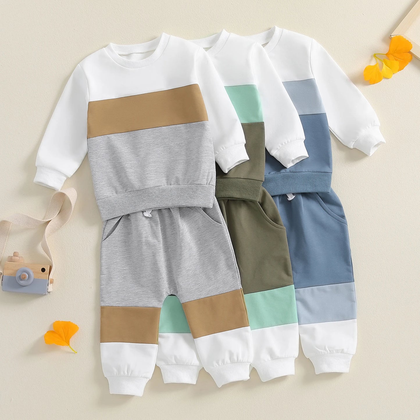 Fashion Toddler Baby Boy Contrast Color Outfits Fall Long Sleeve Crew Neck Pullover Elastic Waist Pants Tracksuit Clothing Suit