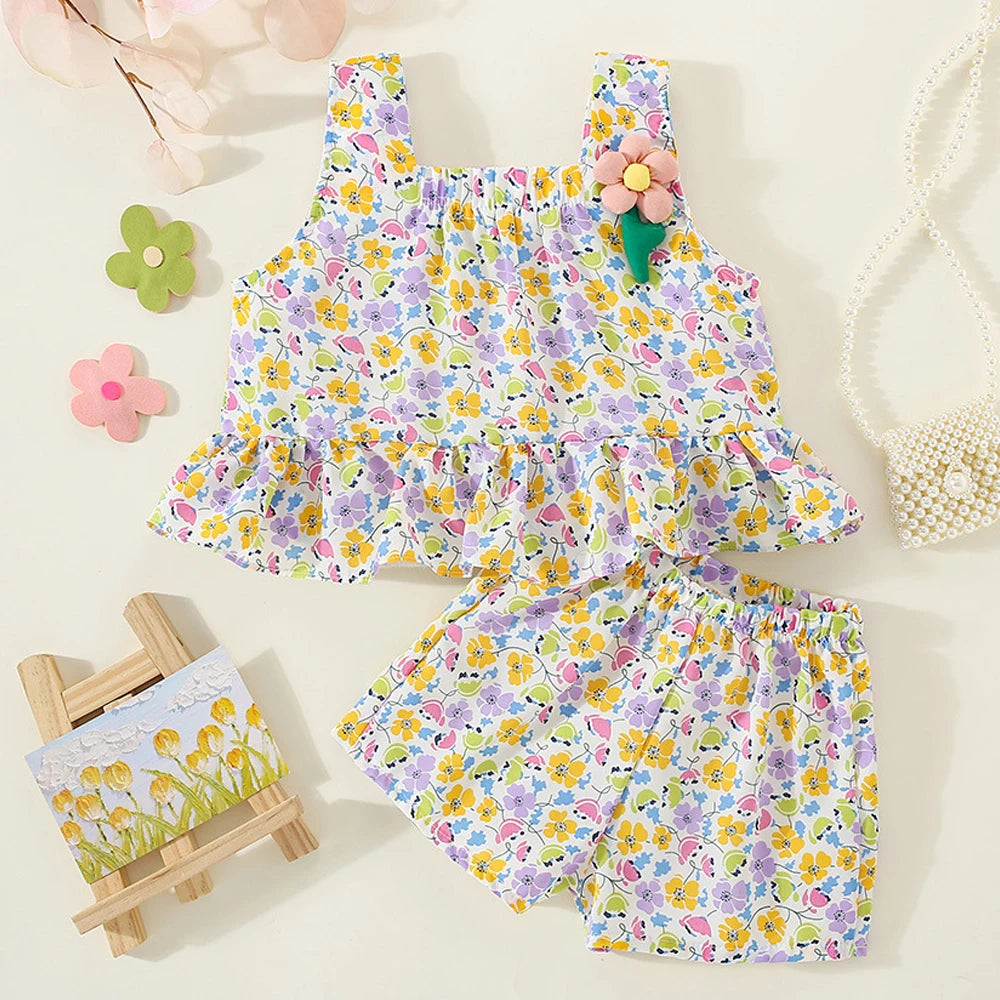 Baby Girl Clothes Set Full Flower Print Sweet Child Loungewear Toddler Girl Outfit Strap Vest+Short Pant 2Pcs Girl Suit A1207