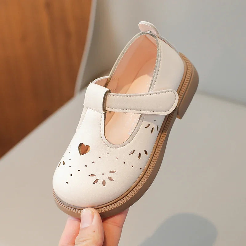 Unishuni T-Strap Mary Jane Shoes for Baby Girls Children Hollow-Out Vintage Non-Slip Flats Princess Beige Brown Dress Shoe 21-30