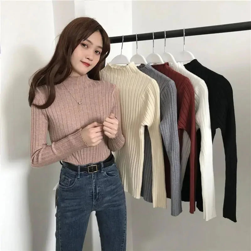 2024 new Underlay Pullovers sweater women winter half high neck white knitted top new stylish versatile spring autumn Jumpers