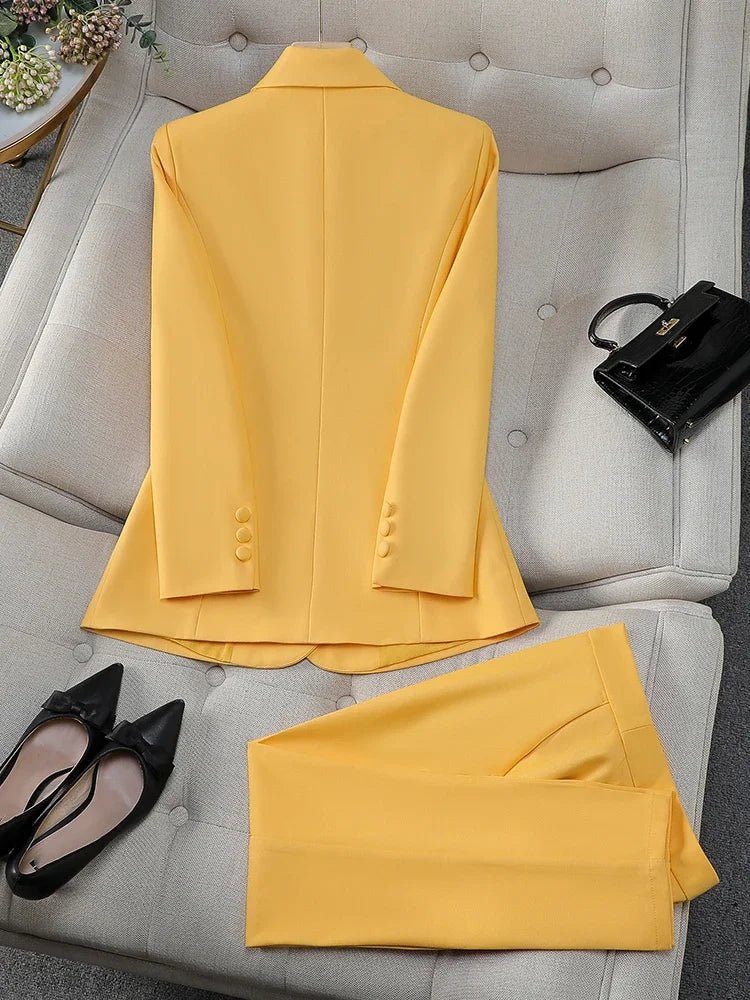 Fashion Office Ladies Formal Pant Suit Set Women Blue Pink Yellow Female Business Work Wear 2 Piece Blazer Jacket And Trouser