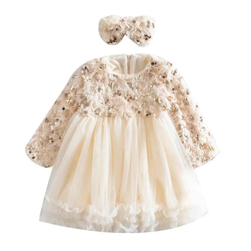 ARWEN & AJH GROUP Winter New Girl's Dresses 2024 With Tassels Sequins Studded Beads Plush And Thickened Princess Dress Birthday Dress With Bow