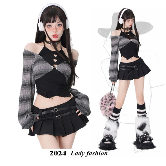 ARWEN & AJH GROUP مجموعة اروين 20242024 Spring Autumn Two Pieces Skirt Set Women Y2k Crop Tops T-shirt + Short Skirt Japanese Kawaii Fashion Suits Chic New Korean