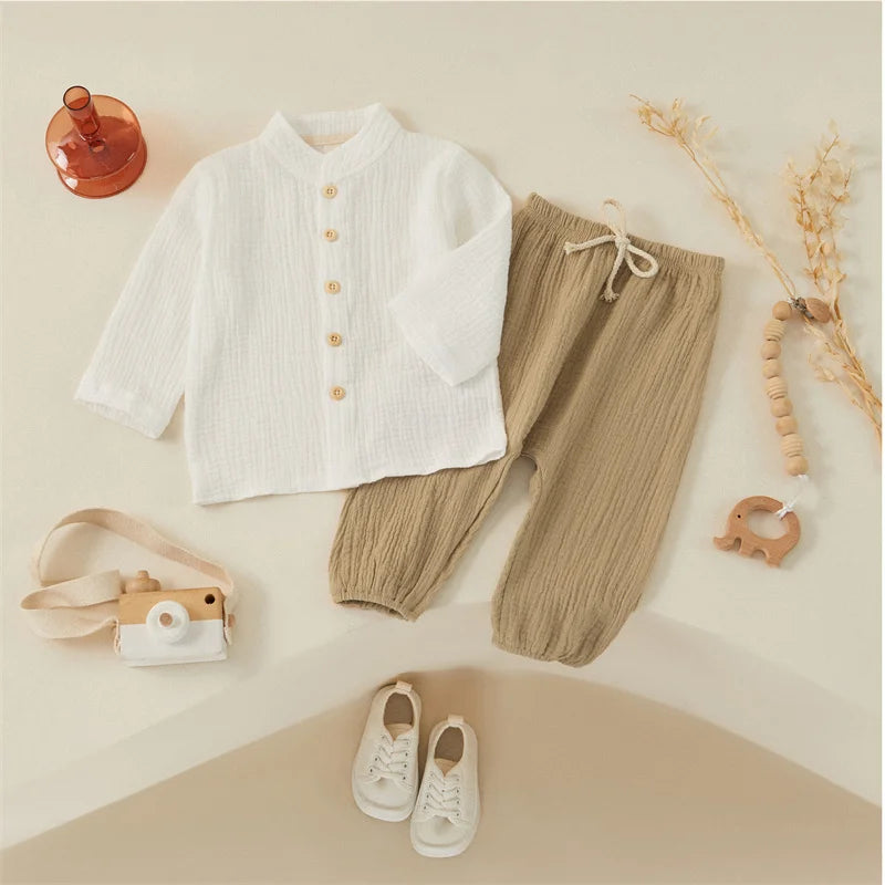 Tregren Kids Boy Cotton Linen Clothes Solid Color Buttons Long Sleeve Shirt Tops Elastic Waist Long Pants 2Pcs Set Fall Outfits