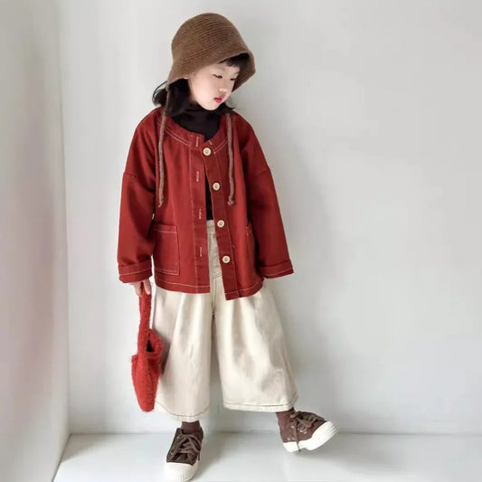 2024 Spring/Autumn Korean Children's Clothing New Retro Wide Jacket for Unisex Boys and Girls  Casual Loose Pants