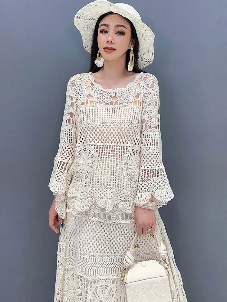 مجموعة أروين التجارية ARWEN & AJH GROUPNew Lace Set With Hollow Top Swing Long Skirt 2 Piece Set Fashionable Elegant Lady 2024 Spring Summer Clothes