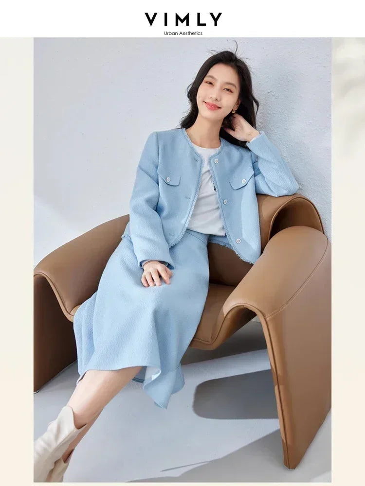 Vimly Elegant Blue Tweed Suit 2 Piece Set for Women Spring Outfits Cropped Jackets Elastic Waist Midi Skirt Matching Sets M3025