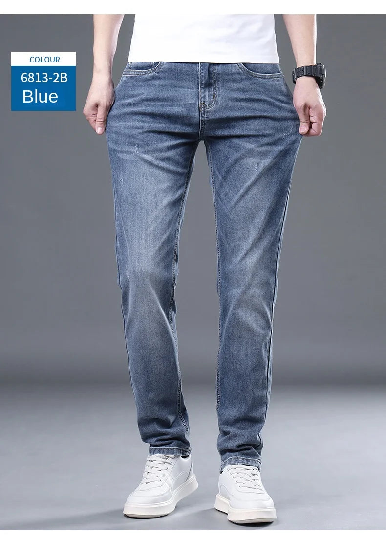 2024 summer new thin section jeans men's elastic Slim straight loose casual versatile pants men's blue light business pants