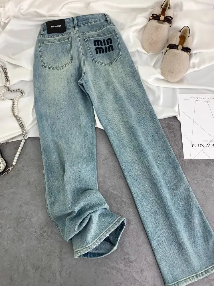 Blue Women Jeans Streetwear Vintage Fashion High Waisted Wide Leg Jean Female Trouser Letter Hip Hop Baggy Blue Denim Pants