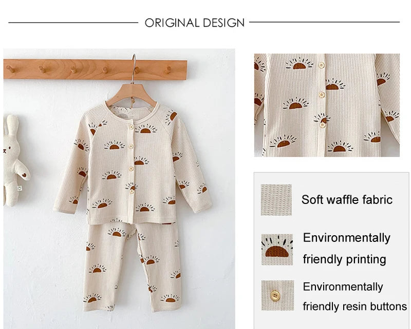 Baby Pajamas Set Loungewear Sleepwear for Kids Long Sleeve Boy Girl Breathable Cotton Waffer Top and Bottom Children's Clothes